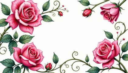 Intricate watercolor rose blooms, swirling vines , fabric, nature, summer