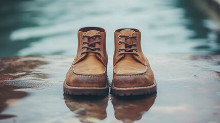 A pair of travel shoes resting on a smooth, light-colored surface, representing readiness for a journey.