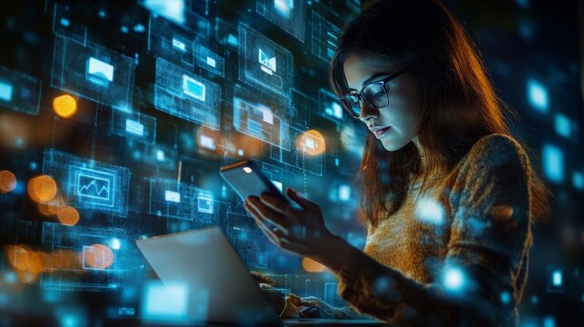 Office woman with laptop talking on the smartphone, double exposure hologram of network icons, digital security interface, cloud and worldwide connection. Concept of personal data protection - Powered by Adobe