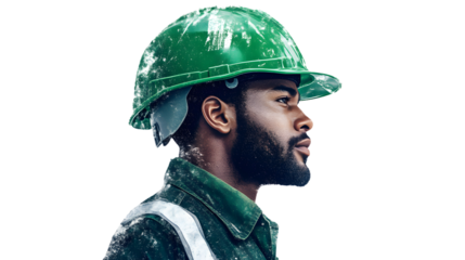 Construction Worker in Profile with Safety Gear and Dusty Uniform