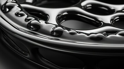 Glossy black wheel with intricate patterns close up