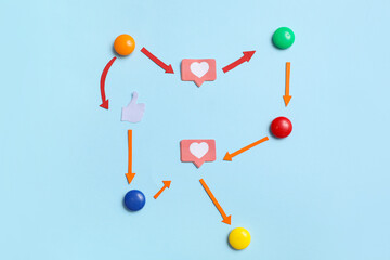 Connected figures with speech bubbles on light background. Link concept