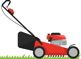 Fototapeta premium Red Gas Powered Lawn Mower Cutting Grass Vector Illustration in Flat Style 