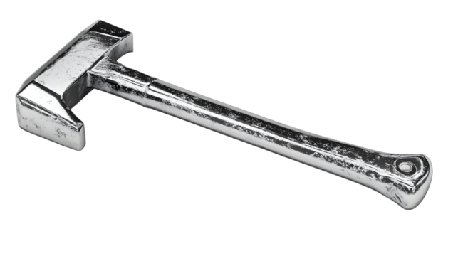 A shiny metallic hammer with a sleek design perfect for DIY projects and industrial themes