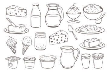 Milk products set. Hand drawn dairy products. Milk, cheese, yogurt, sour cream, ice cream, butter. Doodle sketch icons.