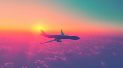A lone airplane in the sky, silhouetted against a soft gradient sunset, symbolizing the spirit of travel in minimalism
