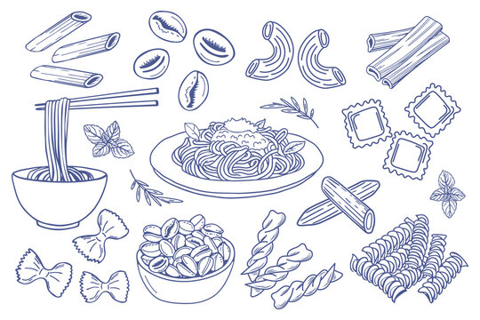 Hand drawn pasta set. Various Mediterranean pasta. Italian food illustrations for cafe or restaurant menu. Doodle sketch icons.