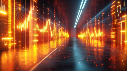 Glowing corridor with digital wave patterns