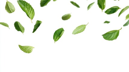 Fresh mint leaves falling against a white background