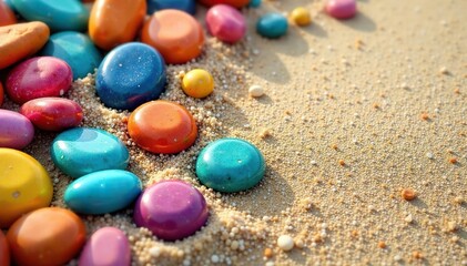 Geometrically arranged colorful stones on sand , vibrant, sand, design