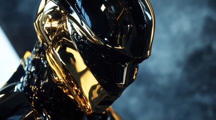 Gold and black robot head close up