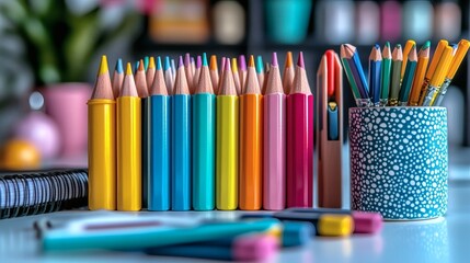 Fototapeta premium Vibrant array of colorful pencils organized in a row, alongside a pencil holder and notebook on a transparent background, PNG image, PNG file.