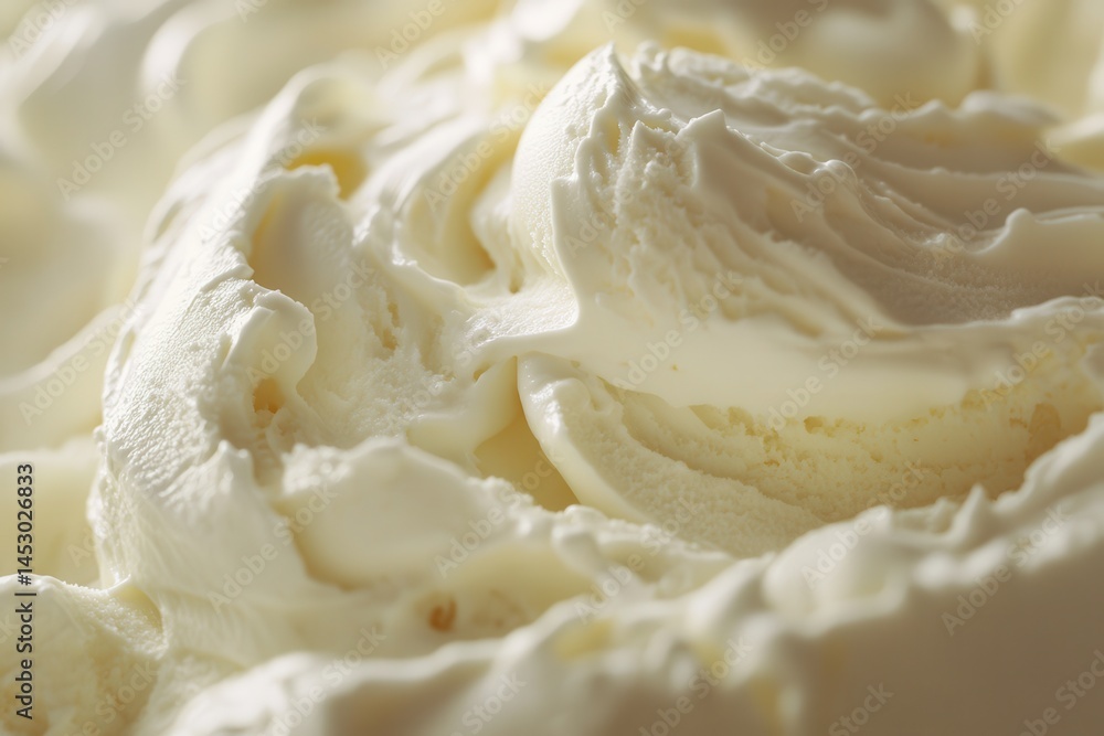 Poster macro shot of creamy, smooth, vanilla dessert with light texture, featuring swirls and peaks in a cl
