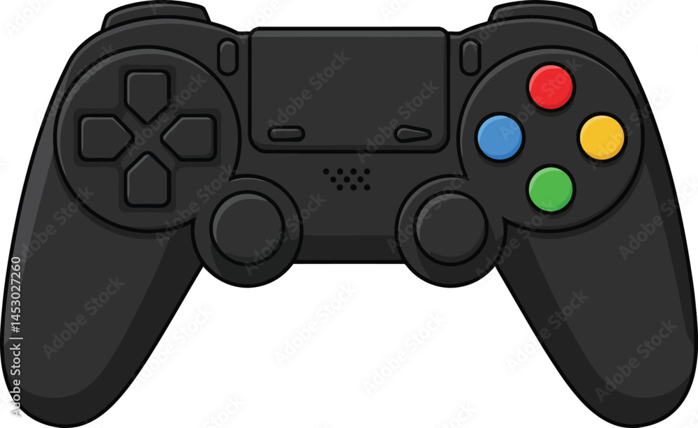 Poster video game controller with colorful buttons for gaming and entertainment technology vector illustrat