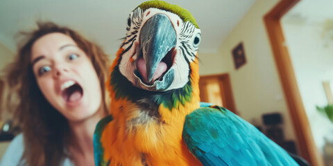 Delightful and Joyful Moments Shared with a Colorful Parrot and a Close, Cherished Friend