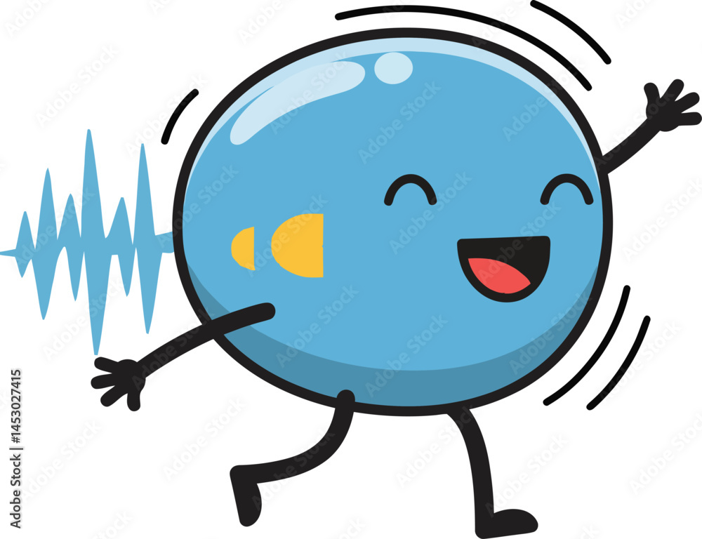 Poster happy blue cartoon sound wave character running with cheerful expression and dynamic movement vector