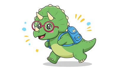 Fototapeta premium Cute Triceratops Dinosaur Going to School with Backpack and Glasses