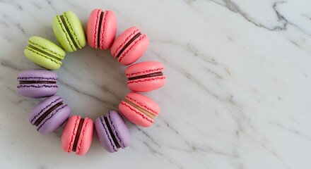 Assorted Colorful Macarons on a Marble Surface – Elegant Dessert Photography