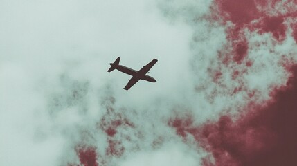 Naklejka premium Low-angle view of a plane in a cloudy sky.