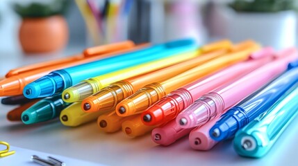 Assortment of colorful gel pens arranged in a row, office supplies, learning stationery, vibrant hues and tones on a transparent background, PNG image, PNG file.