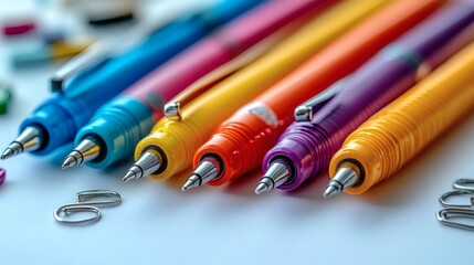 Colorful gel pens arranged in a row with metal paper clips, studio setting, close up. Ideal for learning materials, office supplies, and writing tools, on a transparent background