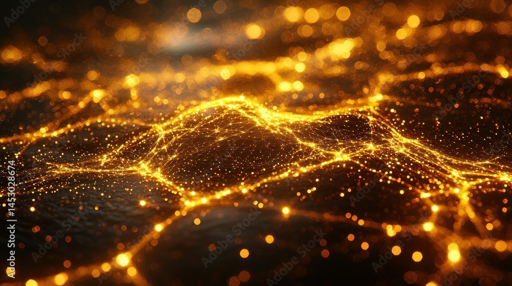 Poster golden shimmering network with glowing nodes and wave effect