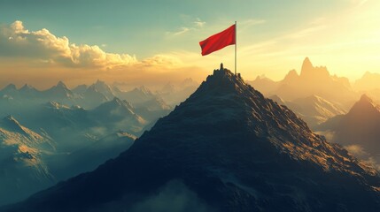 Flag on the mountain peak. Flat style illustration
