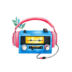 Vintage Radio & Headphone Harmony: A colorful watercolor illustration portrays a classic radio paired with vibrant headphones. It&rsquo;s a harmonious blend of vintage charm and modern audio.