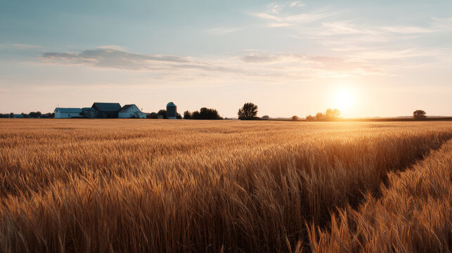 Tranquil countryside scene with golden cornfield at sunset, farm buildings in background, peaceful rural landscape