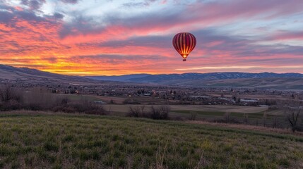 Obraz premium Hot air balloon soaring over valley at sunrise