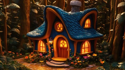 Fototapeta premium Enchanted miniature cottage nestled within a magical forest.