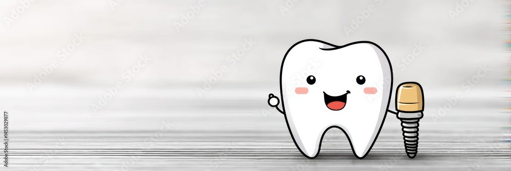 Aufkleber cartoon tooth character with a friendly smile holds a tiny dental implant in a cheerful setting gene