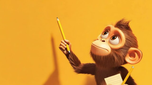 Adorable cartoon monkey holds notepad and pencil against a yellow background.