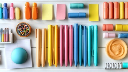 Obraz premium Organized assortment of colorful pens, markers, paper clips, and sticky notes arranged on a white desk top, overhead view on a transparent background, PNG image, PNG file.