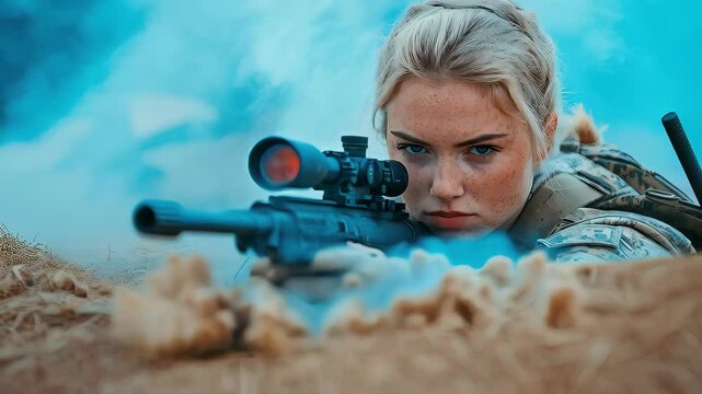 Woman aims a sniper rifle while surrounded by smoke in a military training setting