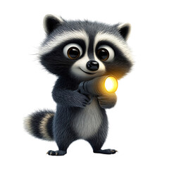 A Cartoon Raccoon Holding a Flashlight Isolated on Transparent Background