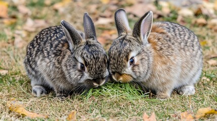 Fototapeta premium Adorable Baby Rabbits Eating Grass in Autumn