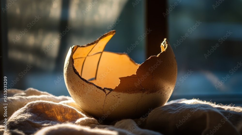 Poster broken eggshell illuminated by the sun's rays, resting on a soft fabric surface near a window.