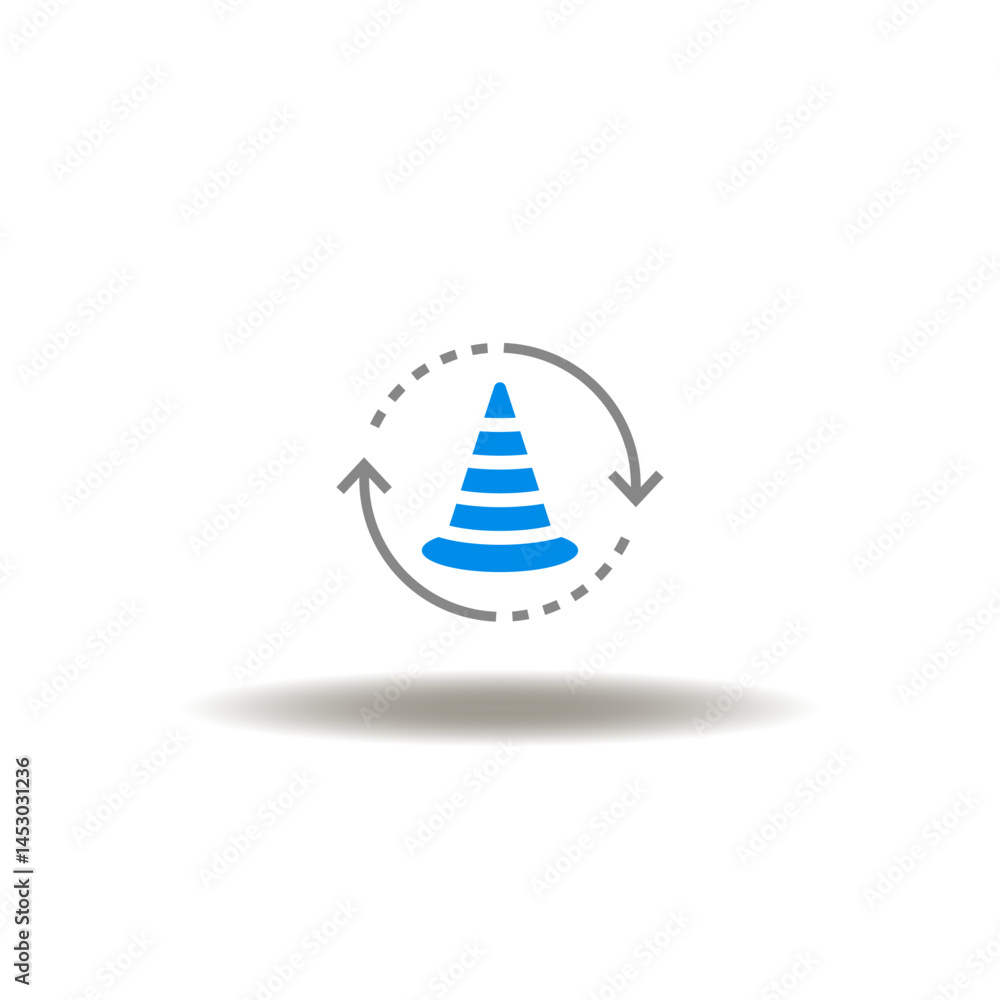 Poster vector illustration of traffic cone and round arrows process. symbol of system maintenance.