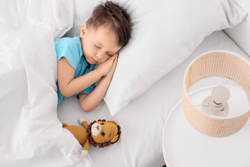 Cute little boy with toy lion sleeping in bed at home