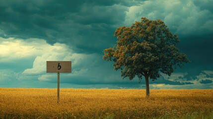A solitary tree stands guard in a golden field under a dramatic sky.