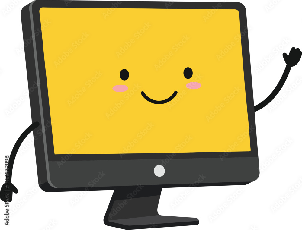 Poster cute friendly desktop computer monitor with smiling face waving hand vector illustration design
