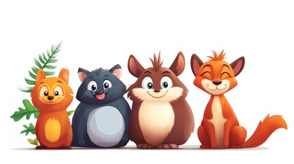 Fototapeta premium Cute cartoon animals, side-by-side, happy expressions, whimsical style