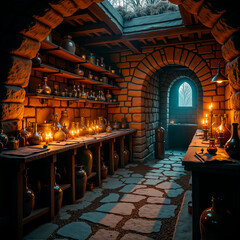 medieval alchemist&rsquo;s workshop with rustic stone walls, shelves lined with glass vials and ceramic bottles