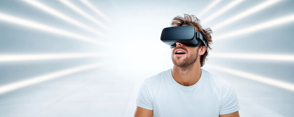 Professional male experiencing immersive virtual reality, manipulating holographic data interfaces within sleek technological landscape