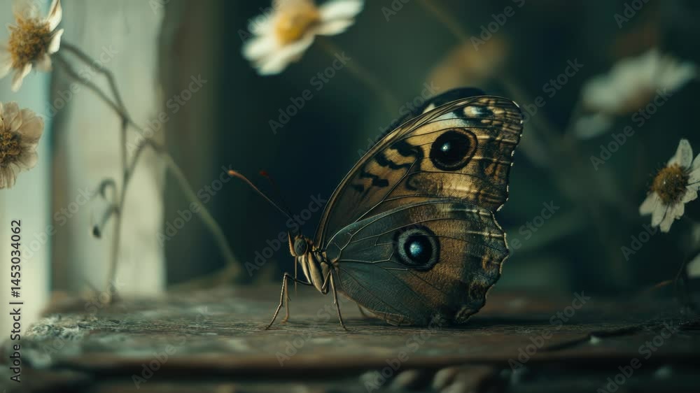 Poster a close-up shot of a butterfly perched on a table surface