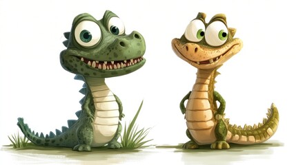 Fototapeta premium Two cartoon crocodiles, friendly and playful