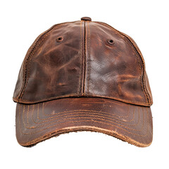 Distressed Leather Baseball Cap: A close-up shot of a well-worn, distressed brown leather baseball cap. The cap has a classic design with a curved brim and a snap closure.