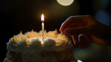 Hand Holding a Birthday Cake Candle: A close-up of a hand lighting a candle on a beautifully decorated birthday cake, with soft, warm light.
