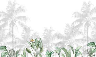 Desaturated tropical palm wallpaper mural – vintage jungle foliage illustration for peaceful and elegant wall decor - Printable wallpaper 
